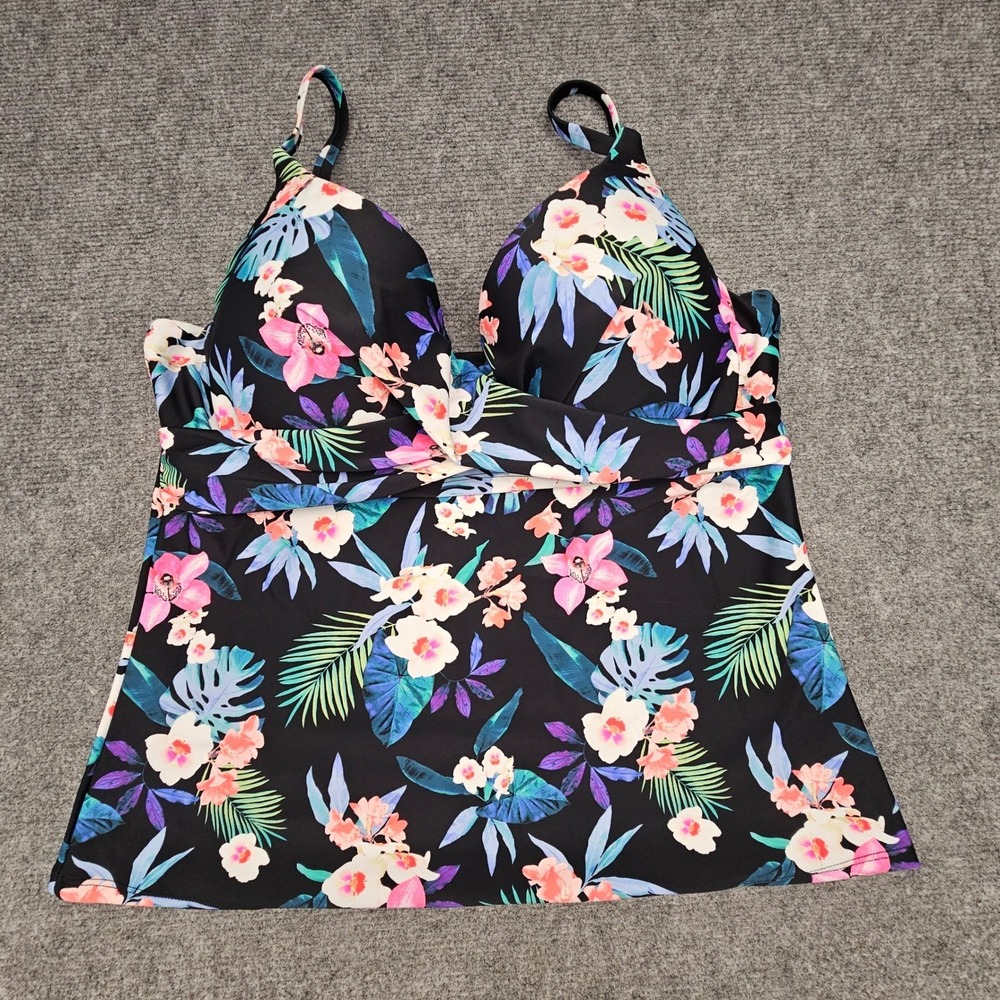 Island Escape Tankini Top Womens 16 Black Floral Underwire Push Up Swimwear NEW‎